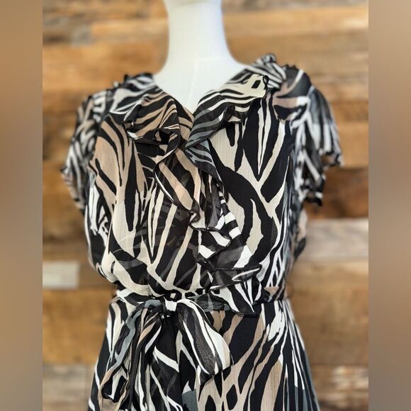 MSK Zebra Animal Print Sheer A-Line tie Dress black liner - Picture 8 of 10
